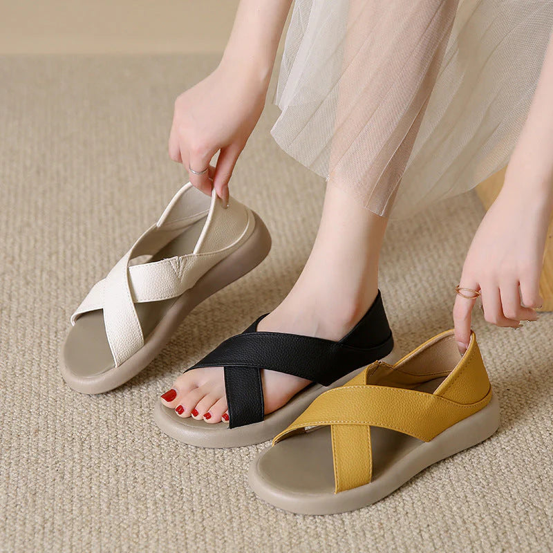 Sandalia Ortopédica Cruzada - Zapatos para caminar: sandalias sencillas de punta abierta, punta redonda, suela gruesa, versátiles, planas, para mujer.